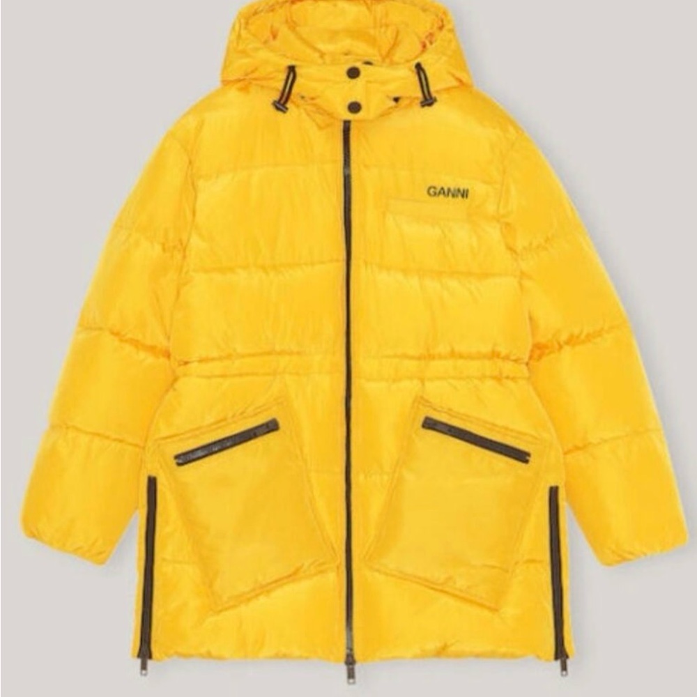 Ganni Bright Yellow Hooded Puffer Coat